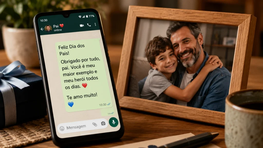[Imagem: smartphone exibindo uma mensagem carinhosa de Feliz Dia dos Pais ao lado de uma fotografia de família]