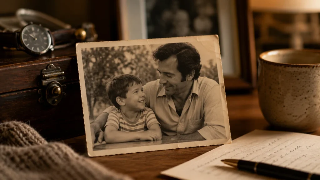 [Imagem: fotografia antiga de pai e filho sobre uma mesa em uma cena delicada de lembrança e saudade]