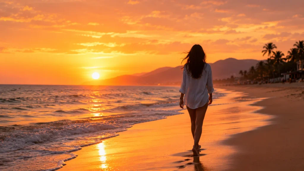 [Imagem: Pessoa caminhando pela praia durante o pôr do sol com o mar ao fundo.]