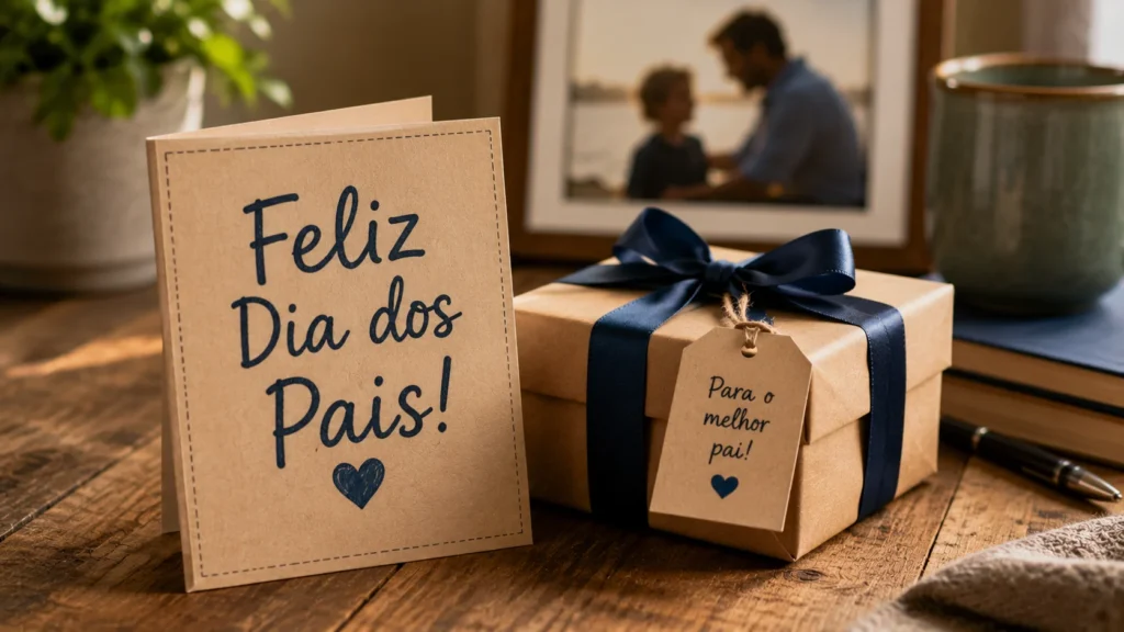 [Imagem: cartão de Dia dos Pais ao lado de um pequeno presente sobre uma mesa de madeira]