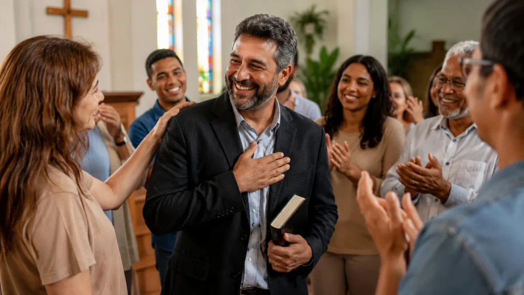 [Imagem: pastor sorrindo em uma igreja sendo homenageado por membros da congregação]