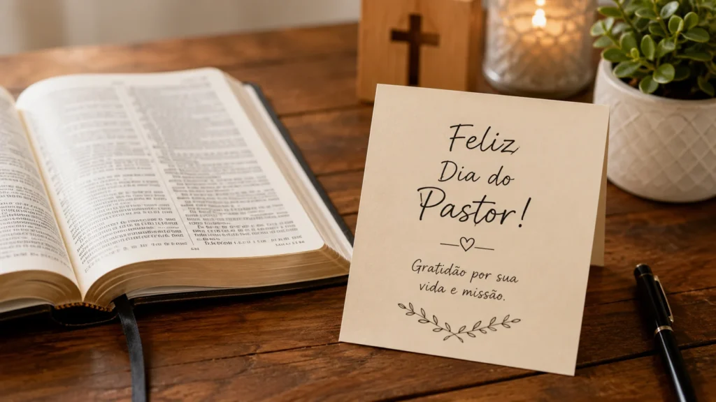 [Imagem: Bíblia aberta ao lado de um cartão simples de homenagem ao Dia do Pastor]