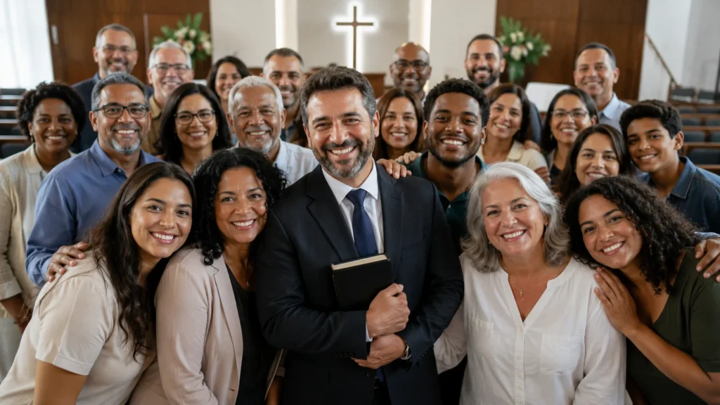 [Imagem: pastor junto à congregação posando para uma fotografia após uma celebração na igreja]