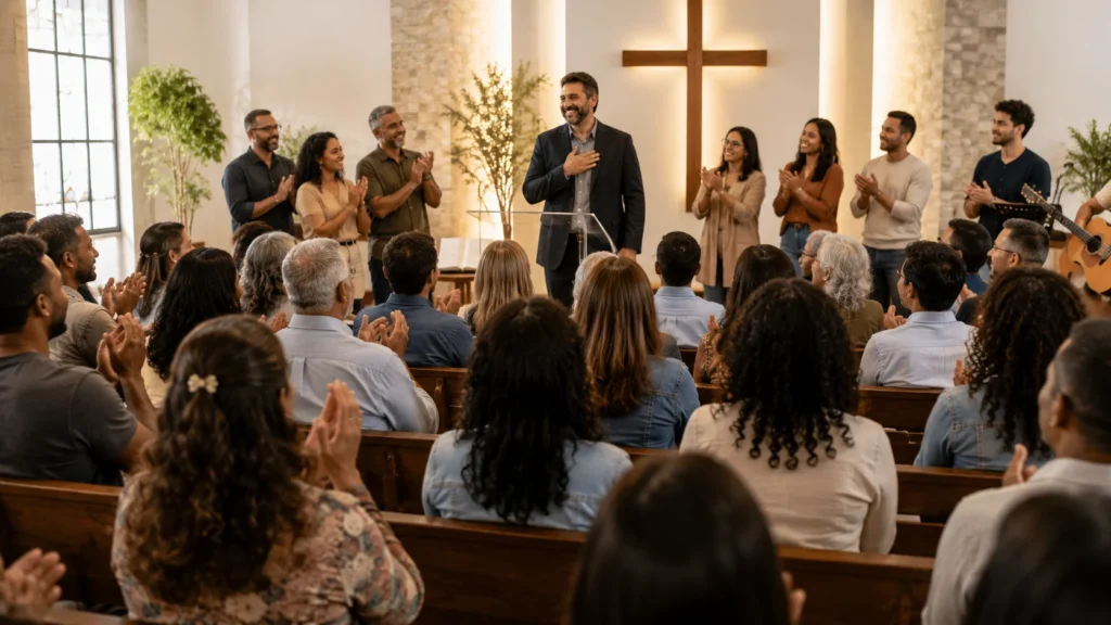 [Imagem: congregação reunida em igreja durante homenagem ao pastor]