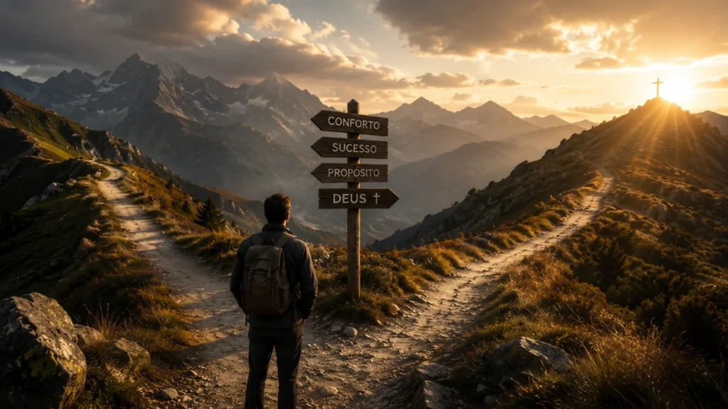 [Imagem: caminho entre montanhas simbolizando discernimento, escolhas, fé e busca de propósito]