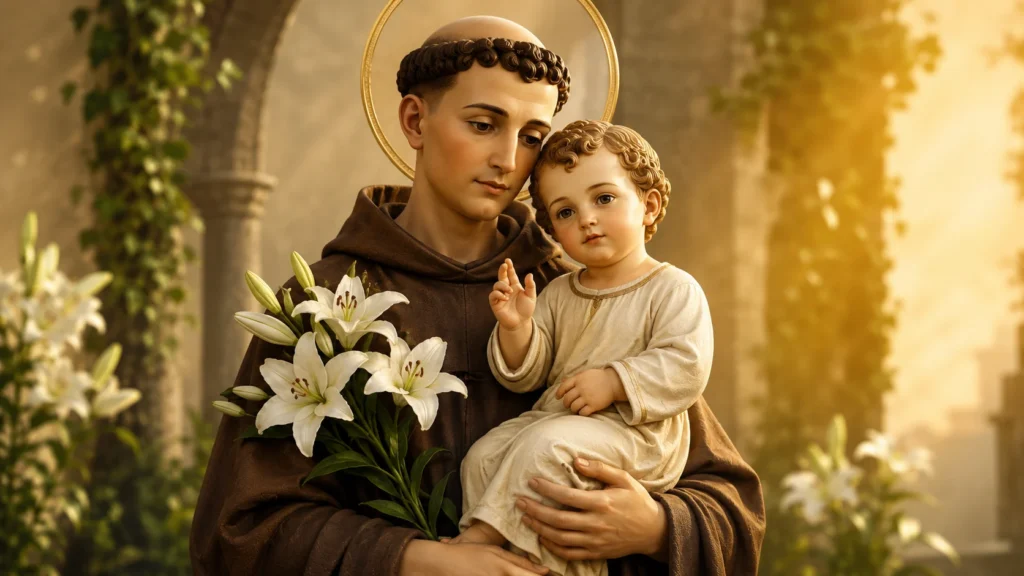 [Imagem: representação de Santo Antônio de Pádua segurando o Menino Jesus, em ambiente sereno e iluminado]