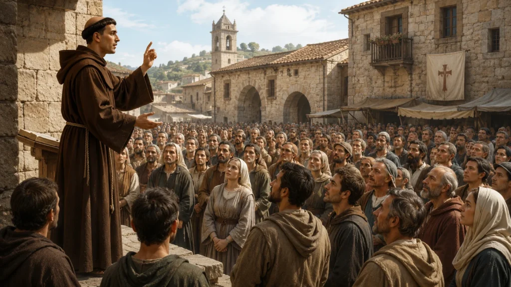 [Imagem: ilustração histórica de Santo Antônio pregando para uma multidão em uma cidade medieval]