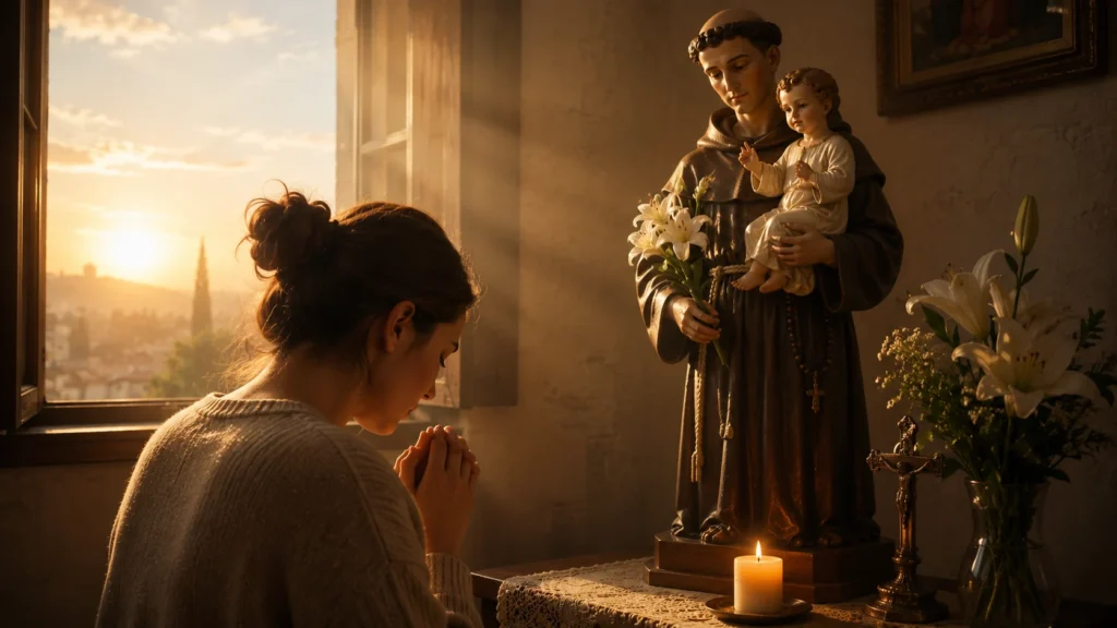 [Imagem: pessoa em oração diante da imagem de Santo Antônio enquanto a luz do amanhecer entra pela janela]