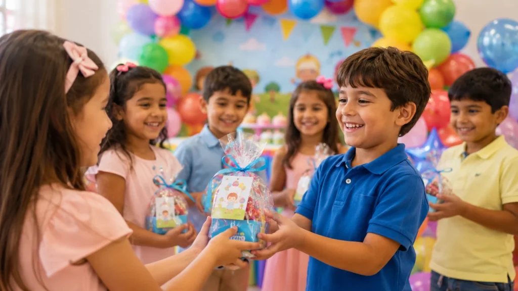 [Imagem: Crianças felizes recebendo lembrancinhas coloridas em uma festa de aniversário infantil decorada com balões.]