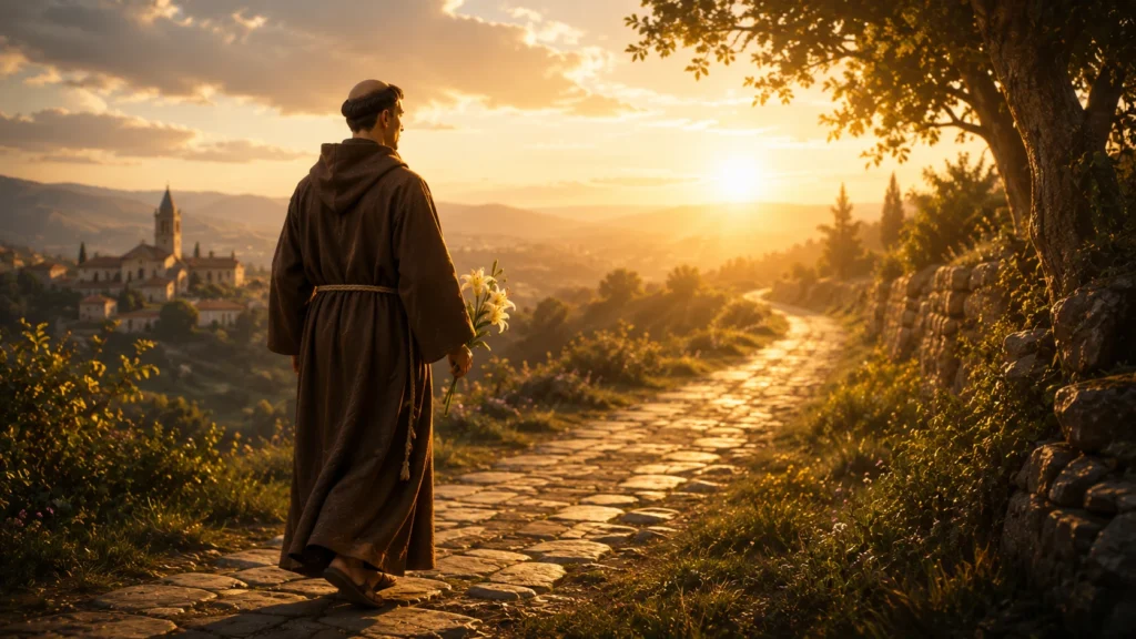 [Imagem: representação artística de Santo Antônio caminhando por um caminho iluminado ao amanhecer, simbolizando fé, esperança e perseverança]
