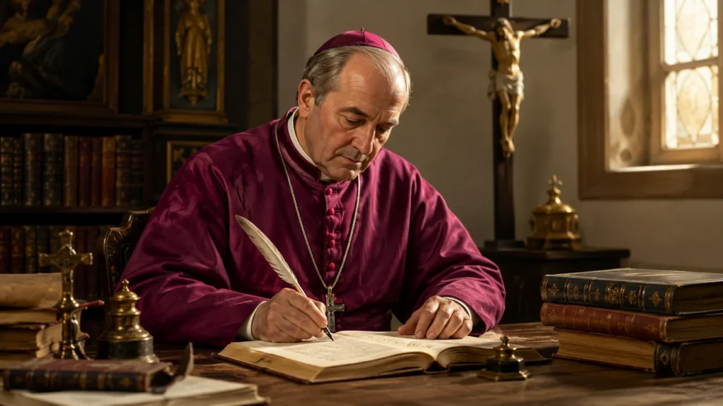 [Imagem: representação de Santo Afonso Maria de Ligório escrevendo diante de livros religiosos, com crucifixo ao fundo]