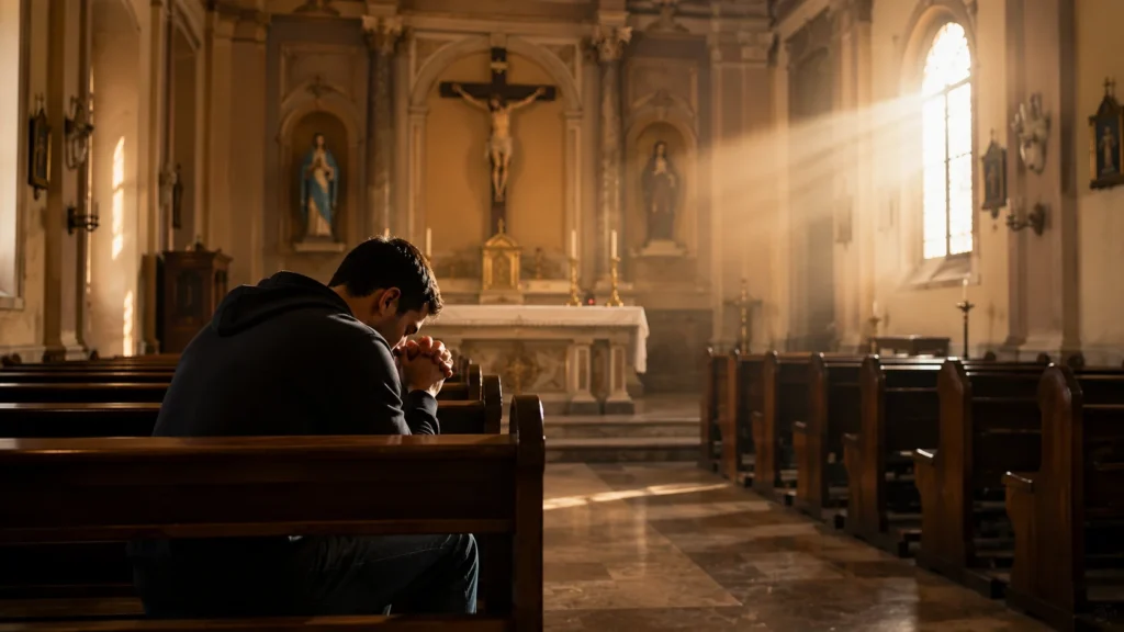 [Imagem: pessoa em oração dentro de uma igreja vazia iluminada suavemente pela luz natural]