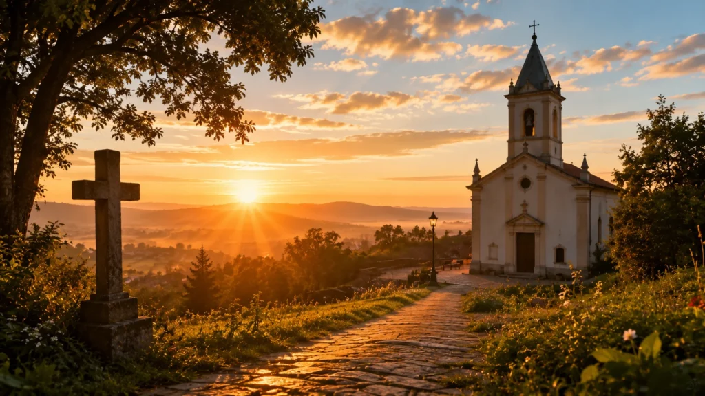 [Imagem: paisagem tranquila ao amanhecer com igreja ao fundo, representando fé, esperança e confiança em Deus]