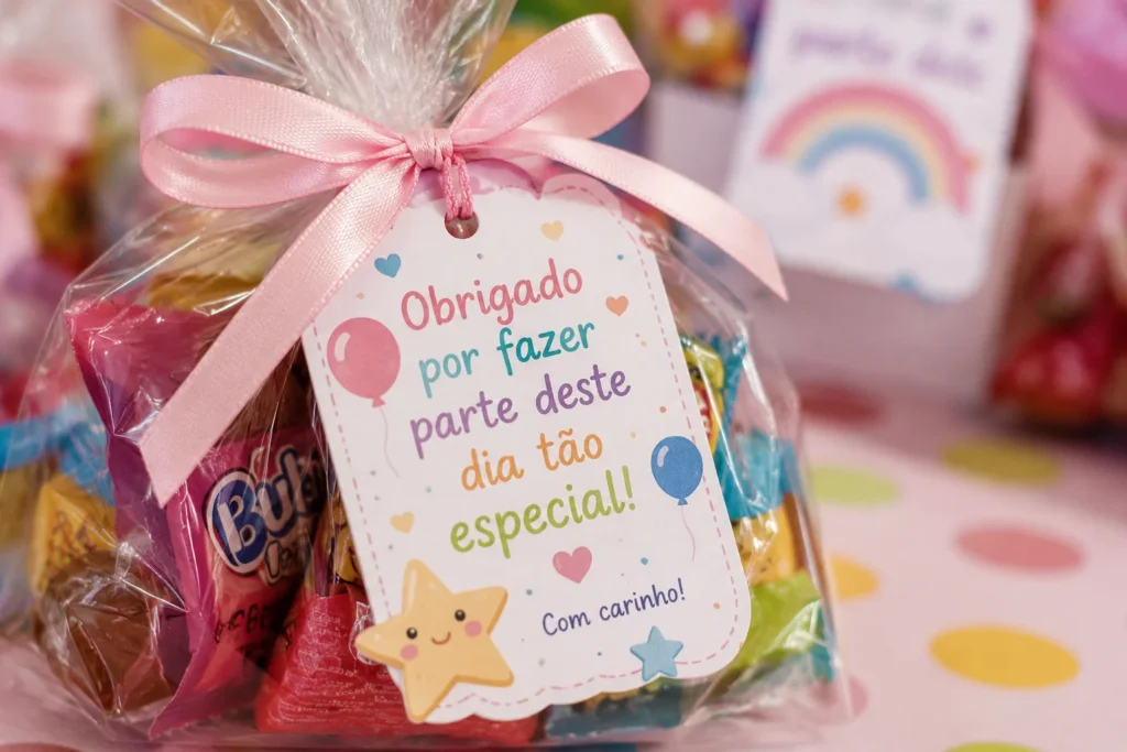 [Imagem: Tag delicada presa a uma lembrancinha infantil com mensagem de agradecimento escrita em letra divertida.]