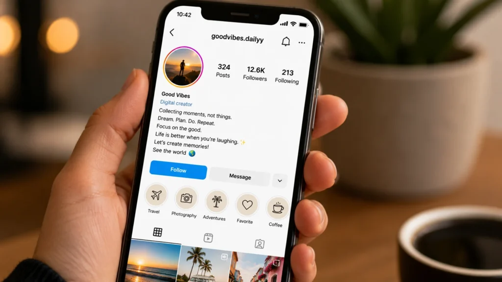 smartphone exibindo um perfil do Instagram com uma bio em inglês.