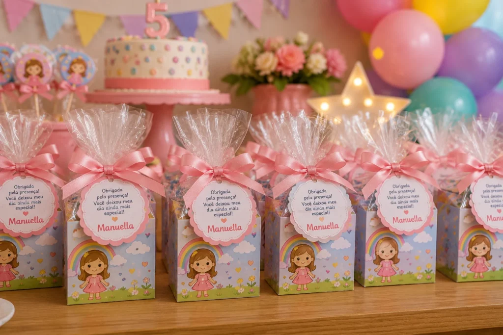 [Imagem: Mesa de aniversário infantil com lembrancinhas personalizadas contendo nome da criança e pequenas mensagens de agradecimento.]
