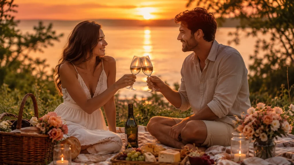 [Imagem: Casal comemorando cinco anos de namoro durante um piquenique romântico ao pôr do sol, sorrindo e brindando.]