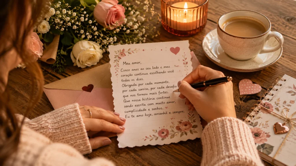 [Imagem: Pessoa escrevendo uma carta romântica em papel decorado ao lado de flores e uma xícara de café.]