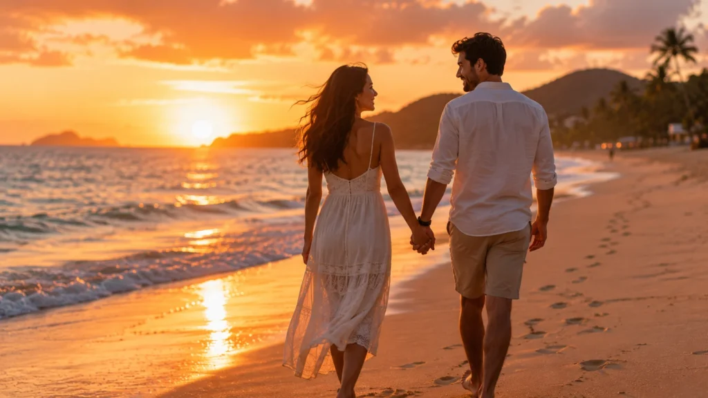 [Imagem: Casal caminhando de mãos dadas em uma praia durante o pôr do sol.]