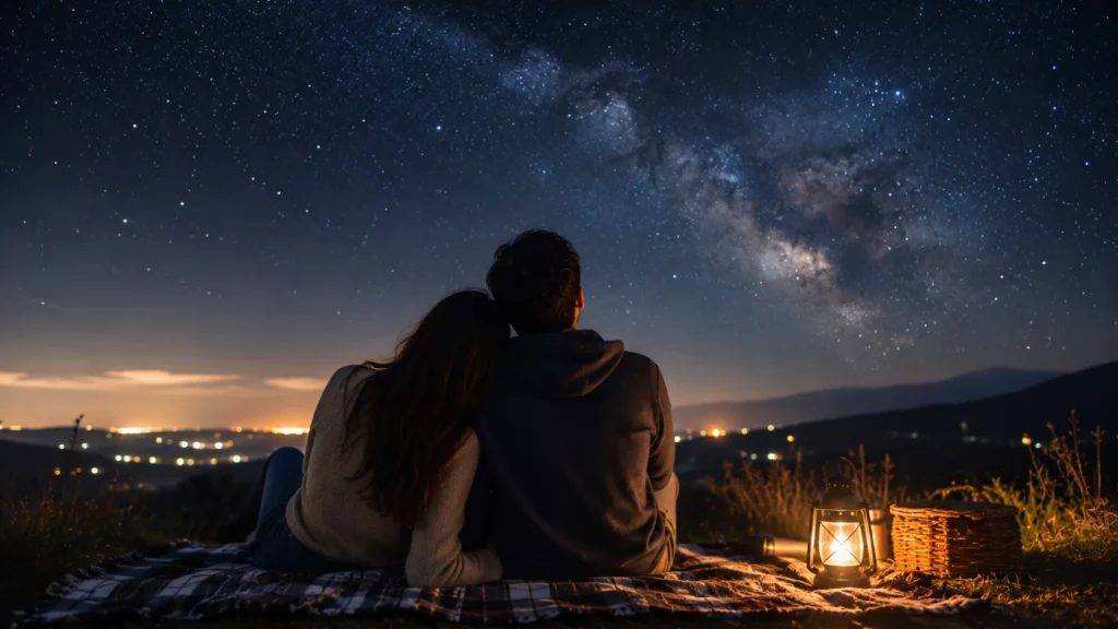 [Imagem: Casal observando as estrelas em uma noite tranquila, sentado sobre uma manta.]
