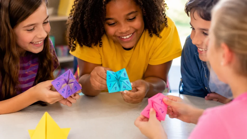 [Imagem: Crianças brincando com um origami da sorte colorido sobre uma mesa, demonstrando a abertura do brinquedo de papel.]