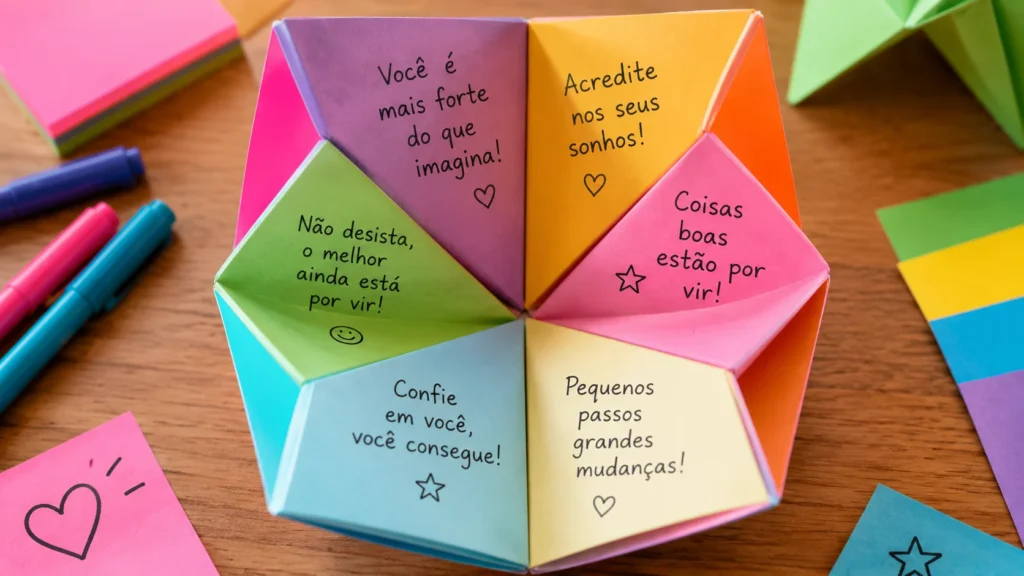 [Imagem: Origami da sorte aberto mostrando mensagens motivacionais escritas em papéis coloridos.]