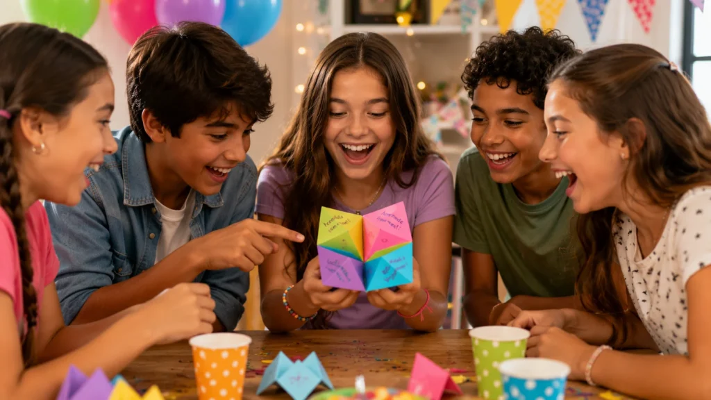[Imagem: Grupo de amigos brincando com um origami da sorte durante uma festa, todos sorrindo.]