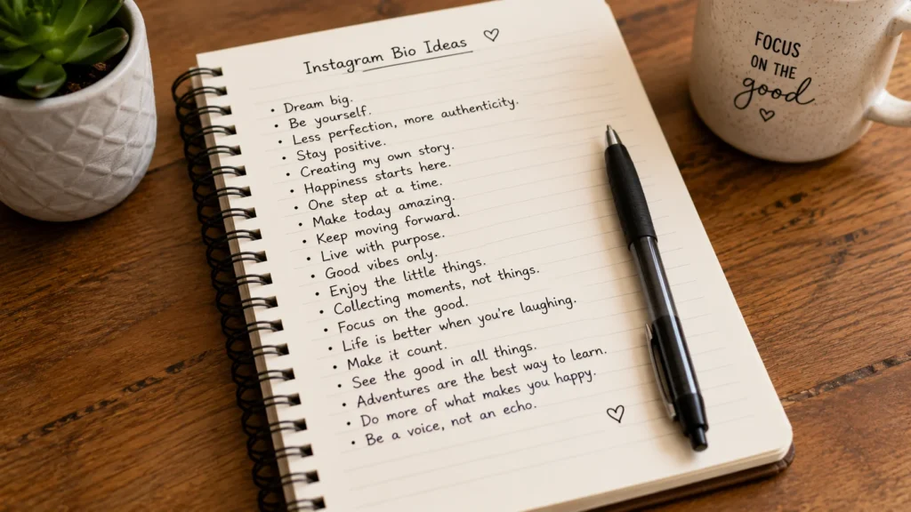 caderno com frases em inglês e uma caneta ao lado