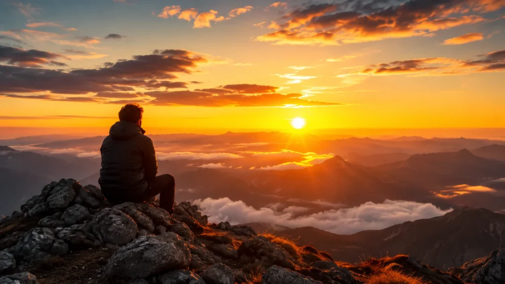 [Imagem: Pessoa observando o nascer do sol no alto de uma montanha, simbolizando reflexão, esperança e novos começos.]