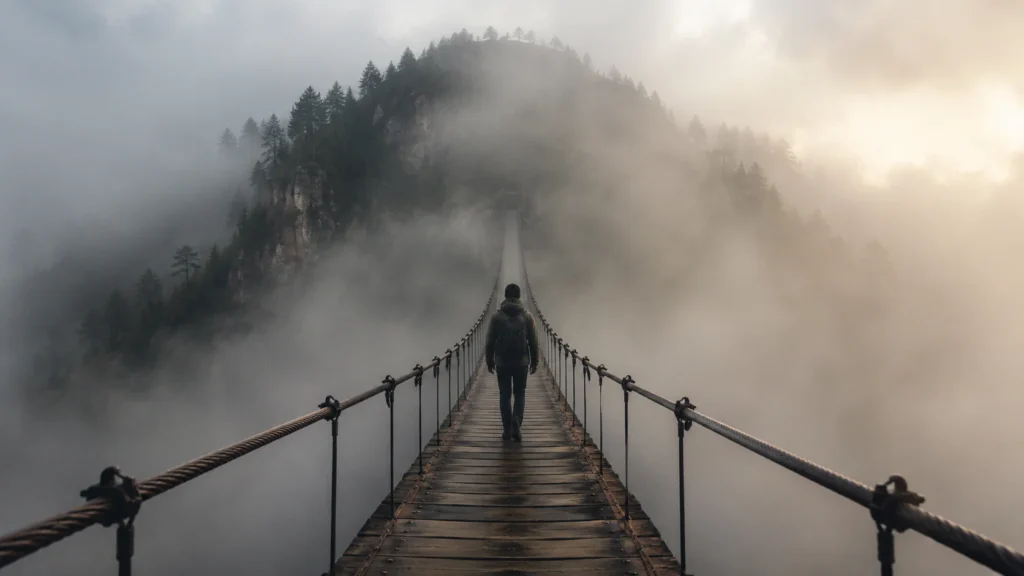 [Imagem: Pessoa caminhando sozinha por uma ponte suspensa em meio à neblina, simbolizando coragem diante do desconhecido.]
