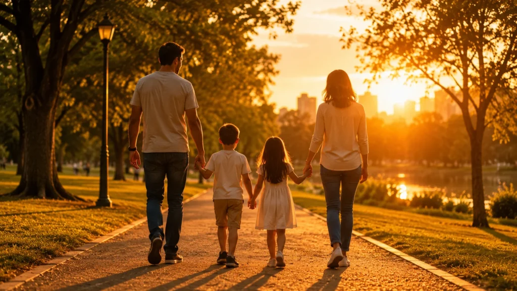 [Imagem: Família caminhando em um parque ao pôr do sol, transmitindo felicidade, união e simplicidade.]