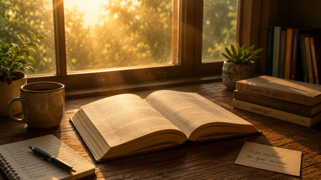 [Imagem: Livro aberto sobre uma mesa de madeira com luz suave entrando pela janela, representando conhecimento, reflexão e crescimento pessoal.]