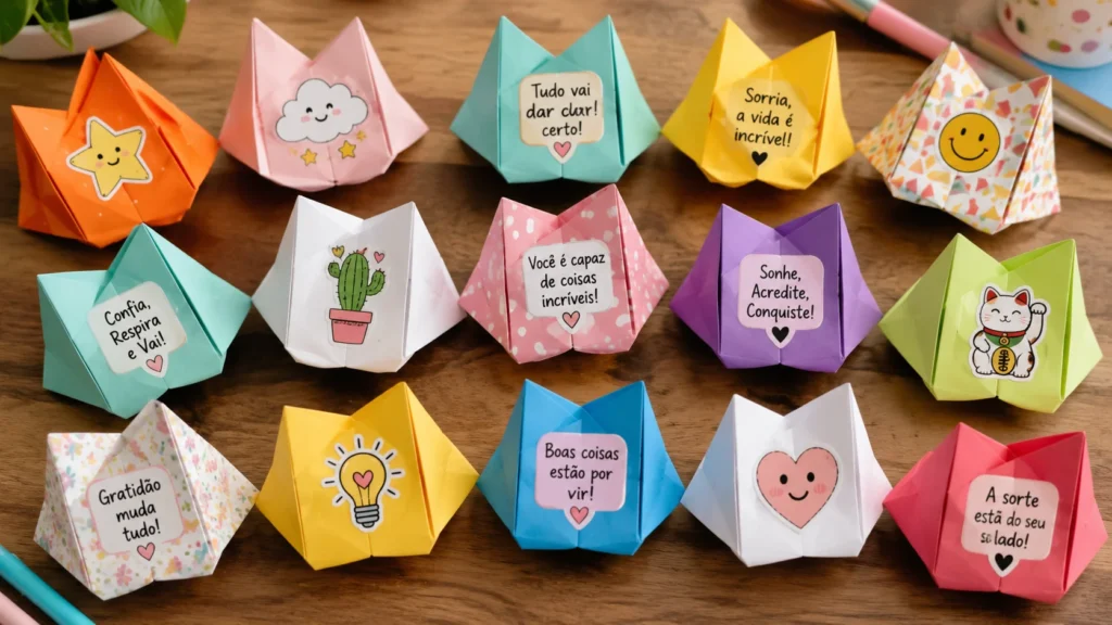 [Imagem: Diversos origamis da sorte coloridos com ilustrações, adesivos e frases diferentes organizados sobre uma mesa.]