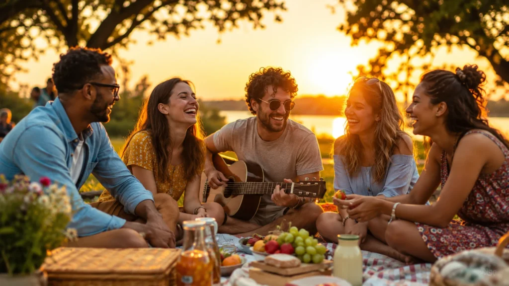[Imagem: Amigos sorrindo durante um piquenique ao pôr do sol, demonstrando alegria, união e amizade verdadeira.]