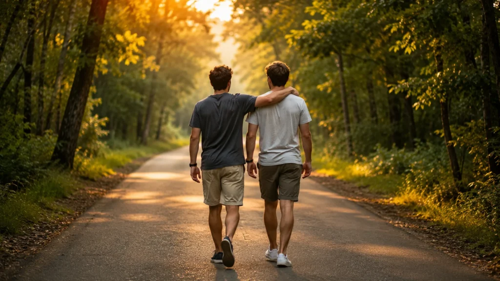[Imagem: Dois amigos caminhando lado a lado em uma estrada cercada por árvores, simbolizando companheirismo.]