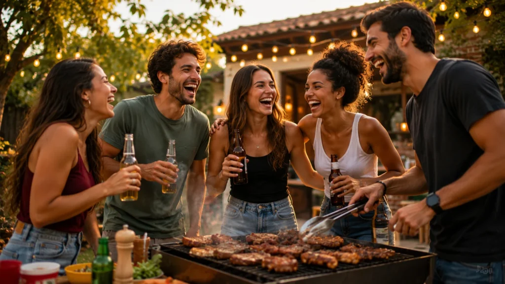 [Imagem: Grupo de amigos rindo juntos durante um churrasco ao ar livre.]