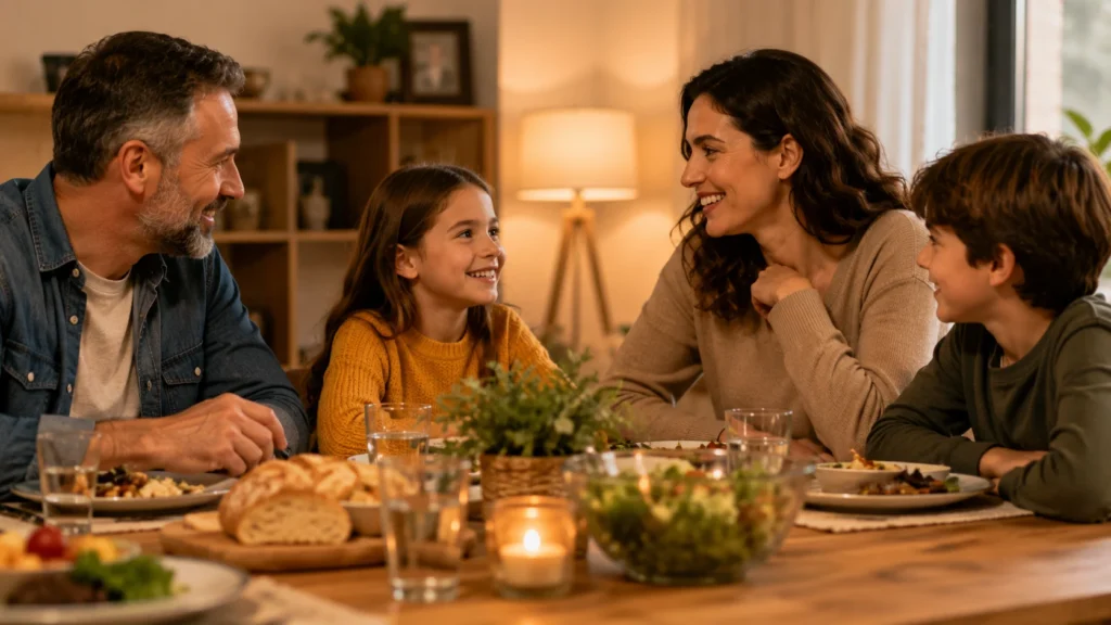 família conversando ao redor de uma mesa com clima acolhedor