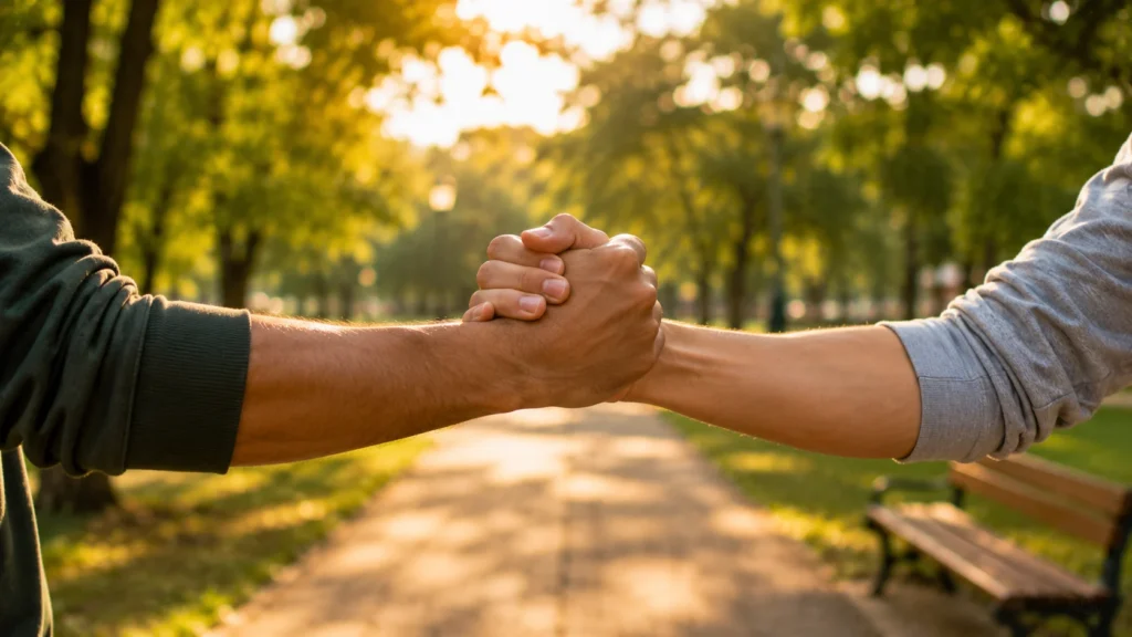 [Imagem: Mãos de dois amigos se cumprimentando com um aperto de mão em um parque.]