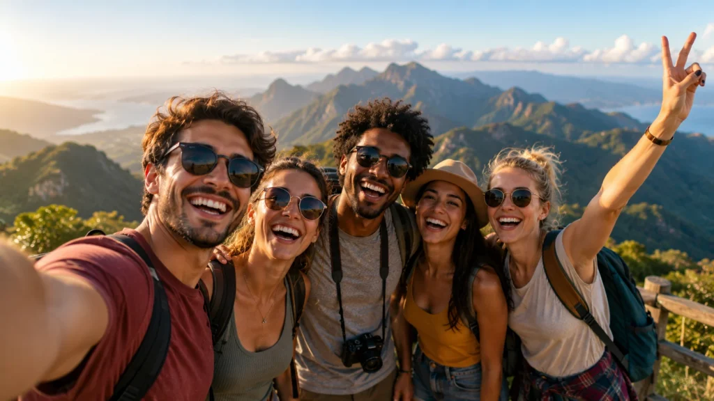 [Imagem: Amigos tirando uma selfie durante uma viagem em um mirante com vista para as montanhas.]