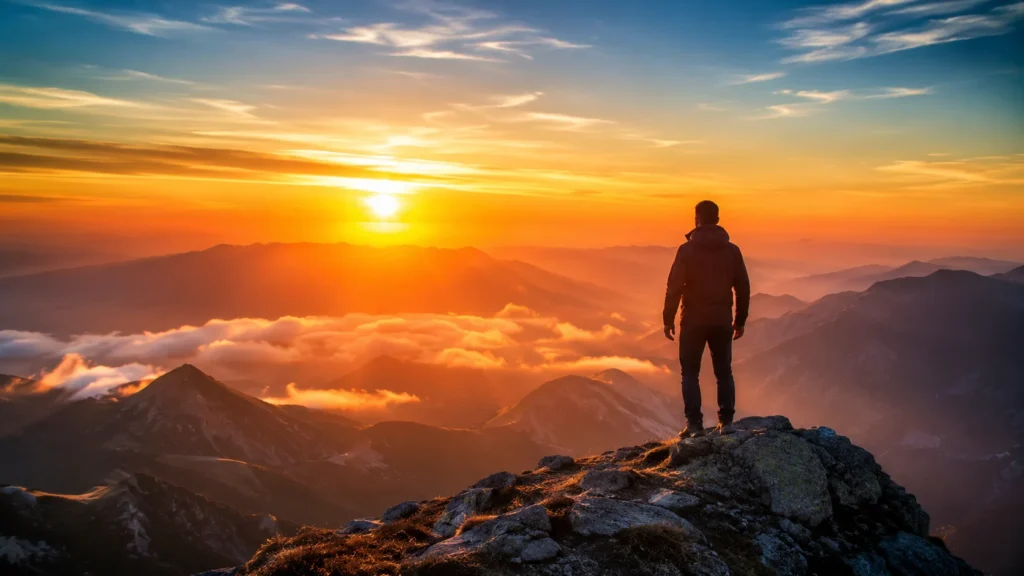 [Imagem: Pessoa observando o nascer do sol no topo de uma montanha, transmitindo superação e esperança.]