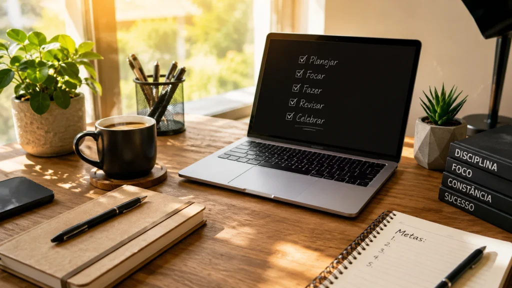 [Imagem: Mesa organizada com notebook, café e bloco de anotações representando produtividade.]