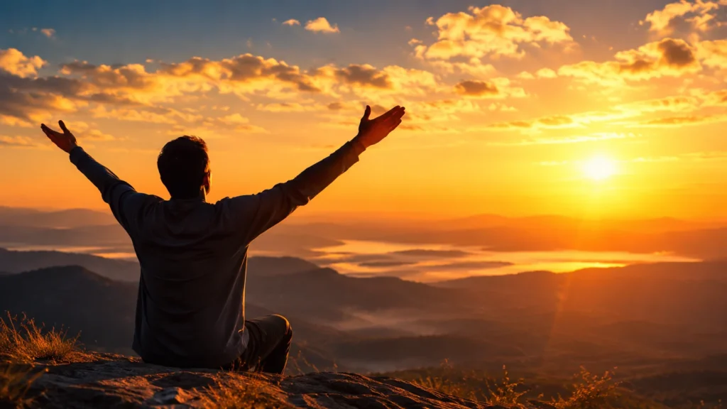 [Imagem: Pessoa observando o nascer do sol com as mãos erguidas em sinal de gratidão.]