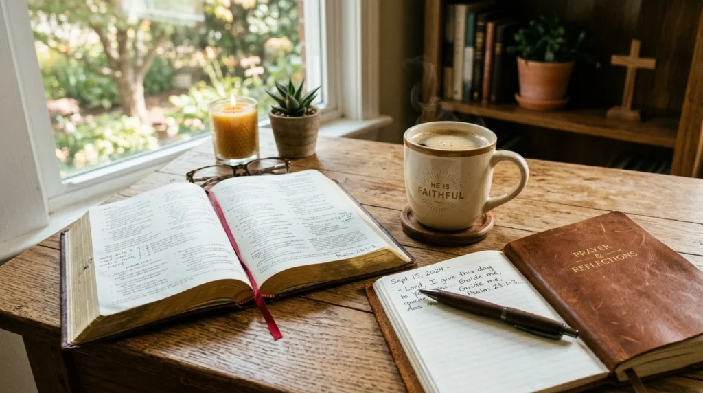 [Imagem: Bíblia aberta ao lado de uma xícara de café e um caderno de oração.]