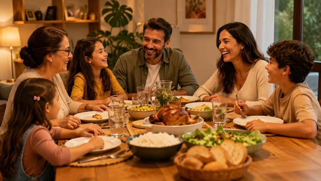 [Imagem: Família reunida em volta da mesa durante uma refeição com clima de união.]