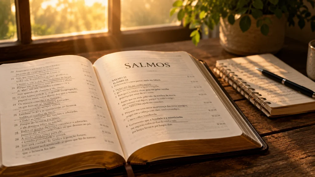 [Imagem: Bíblia aberta destacando o Livro dos Salmos com luz suave entrando pela janela.]