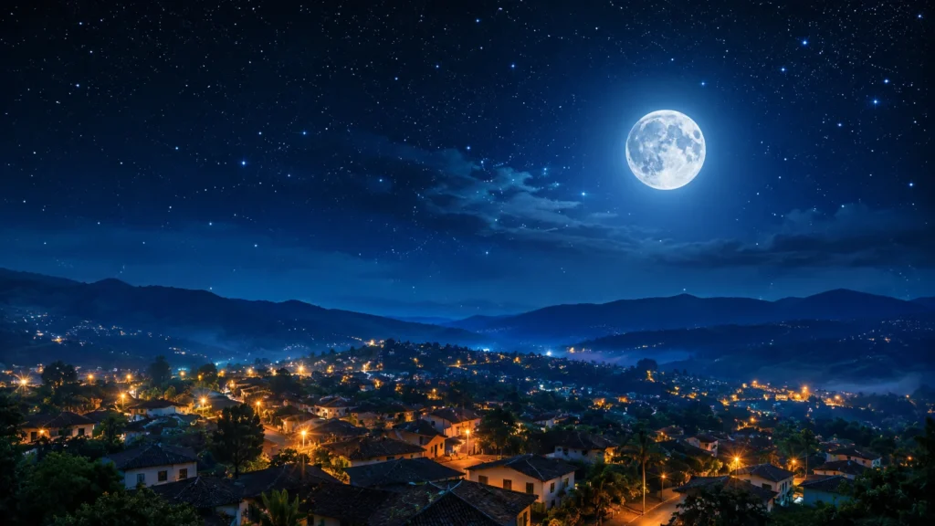 [Imagem: Céu estrelado com lua iluminando uma pequena cidade tranquila durante a noite.]