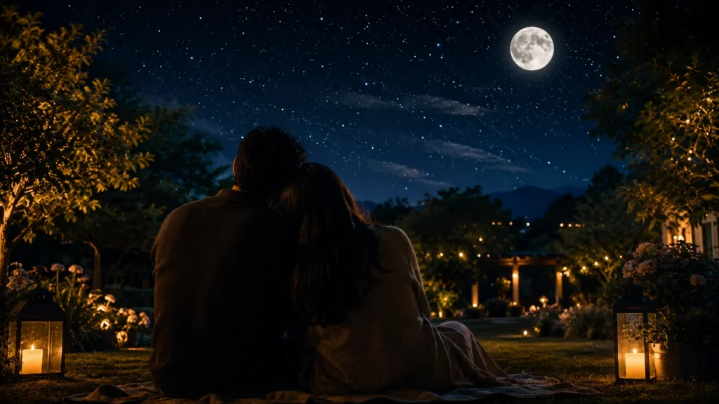 [Imagem: Casal observando o céu estrelado em um jardim iluminado pela lua.]