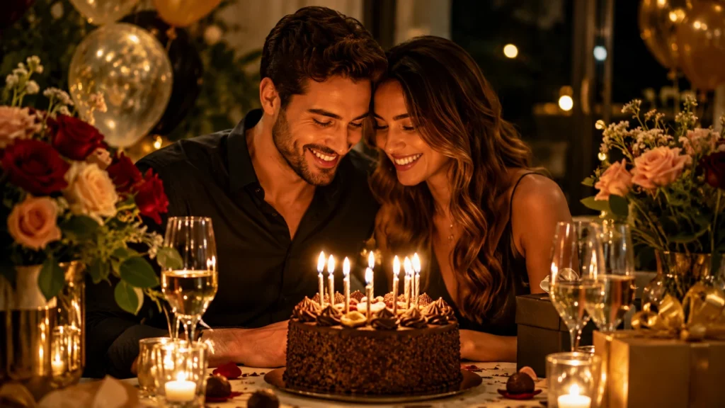 [Imagem: Casal sorrindo comemorando um aniversário com bolo, velas e decoração elegante.]