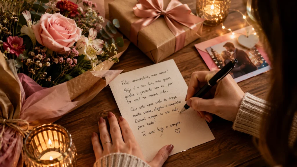 [Imagem: Pessoa escrevendo uma carta de aniversário à mão ao lado de flores e um presente.]