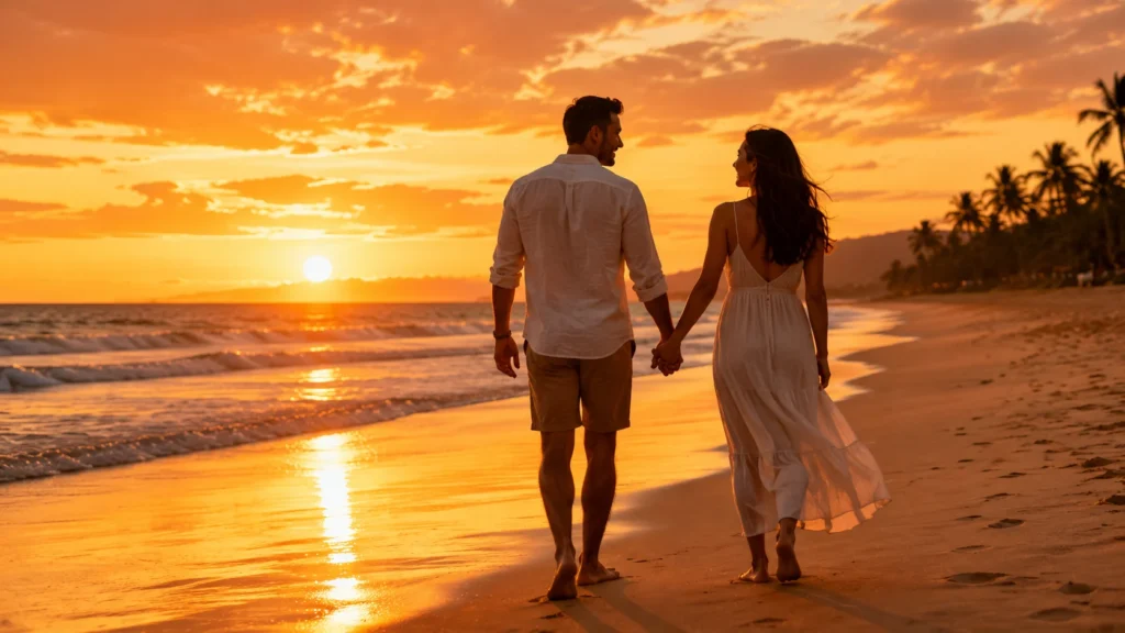 [Imagem: Casal caminhando de mãos dadas durante o pôr do sol em uma praia.]